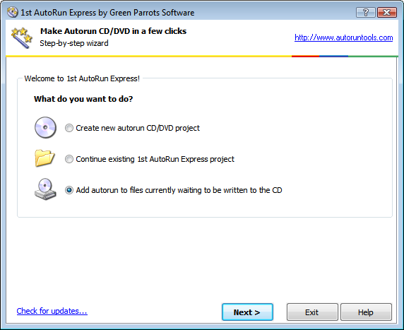 1st AutoRun Express Welcome page: Option to add autorun to files currently waiting to be written to the CD