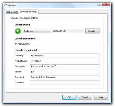 Customize file name, icon and version info for the autorun cd launcher program. Click to enlarge...
