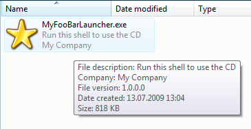 Customized autorun launcher shown in Explorer, in Tiles view, with customized version information displayed in the tooltip. Click to enlarge...