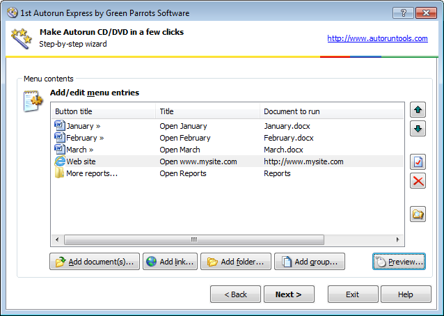 Autorun menu entries list with customized button titles