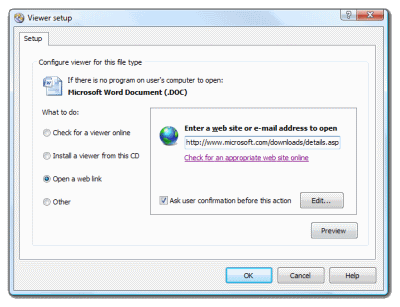 Setup your autorun to open a specific web site if DOC file could not be opened. Click to enlarge...