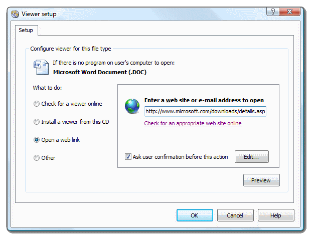 Setup your autorun to open a specific web site if DOC file could not be opened